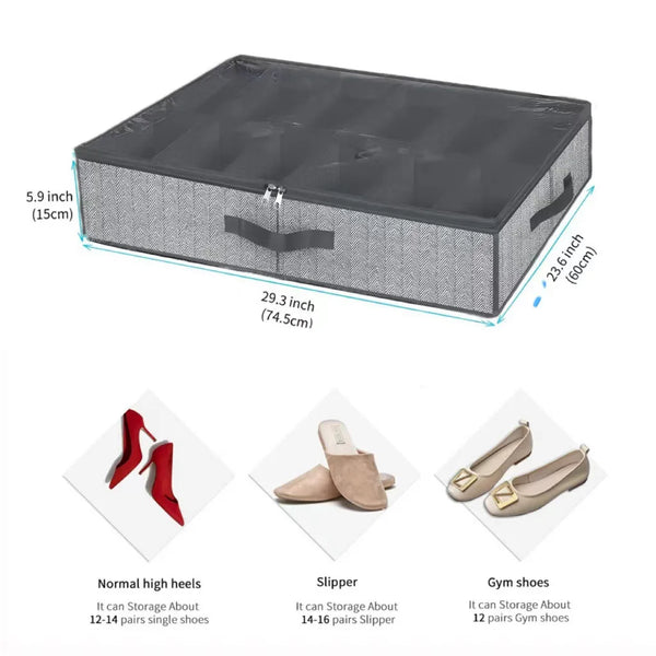 A rectangular gray under bed shoe storage organizer with a lid, shown next to various pairs of shoes.