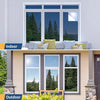 A split image showing an indoor window view and an outdoor window view of a building facade.