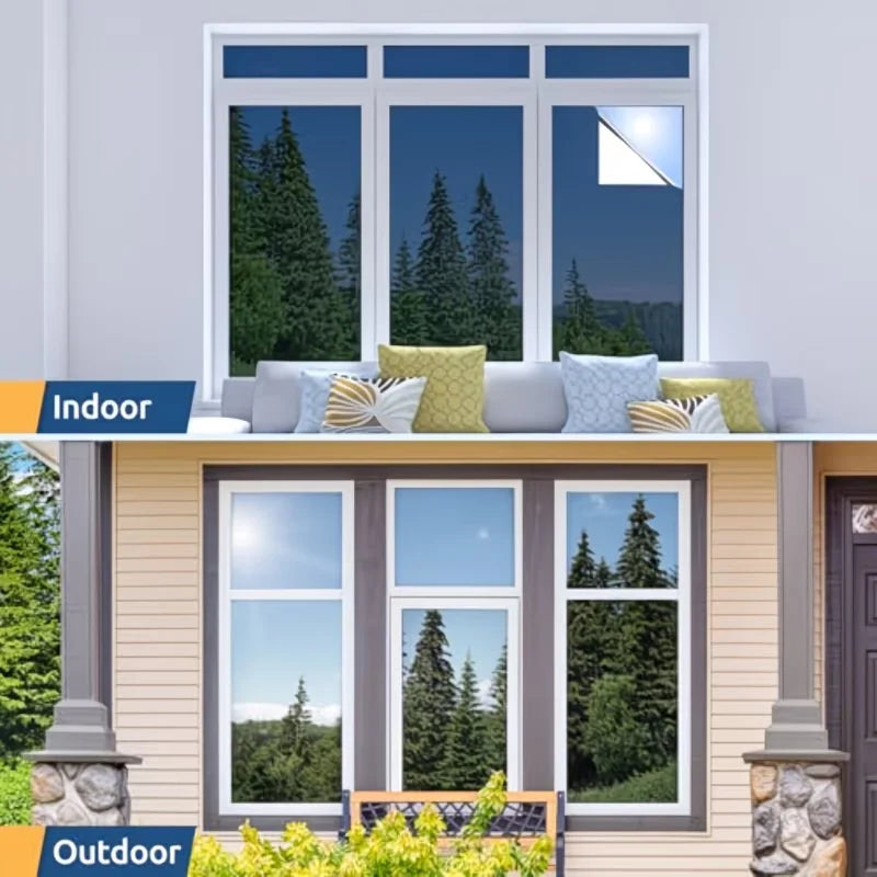 A split image showing an indoor window view and an outdoor window view of a building facade.