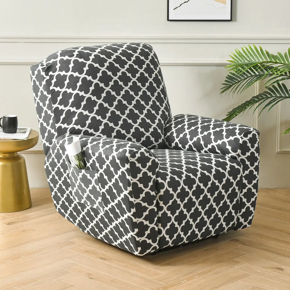A gray and white patterned floral print recliner chair sitting on a wooden floor.