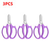 Three pairs of purple precision shears with silver blades shown side by side