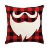 A red and black plaid pillow featuring a white mustache and beard design.