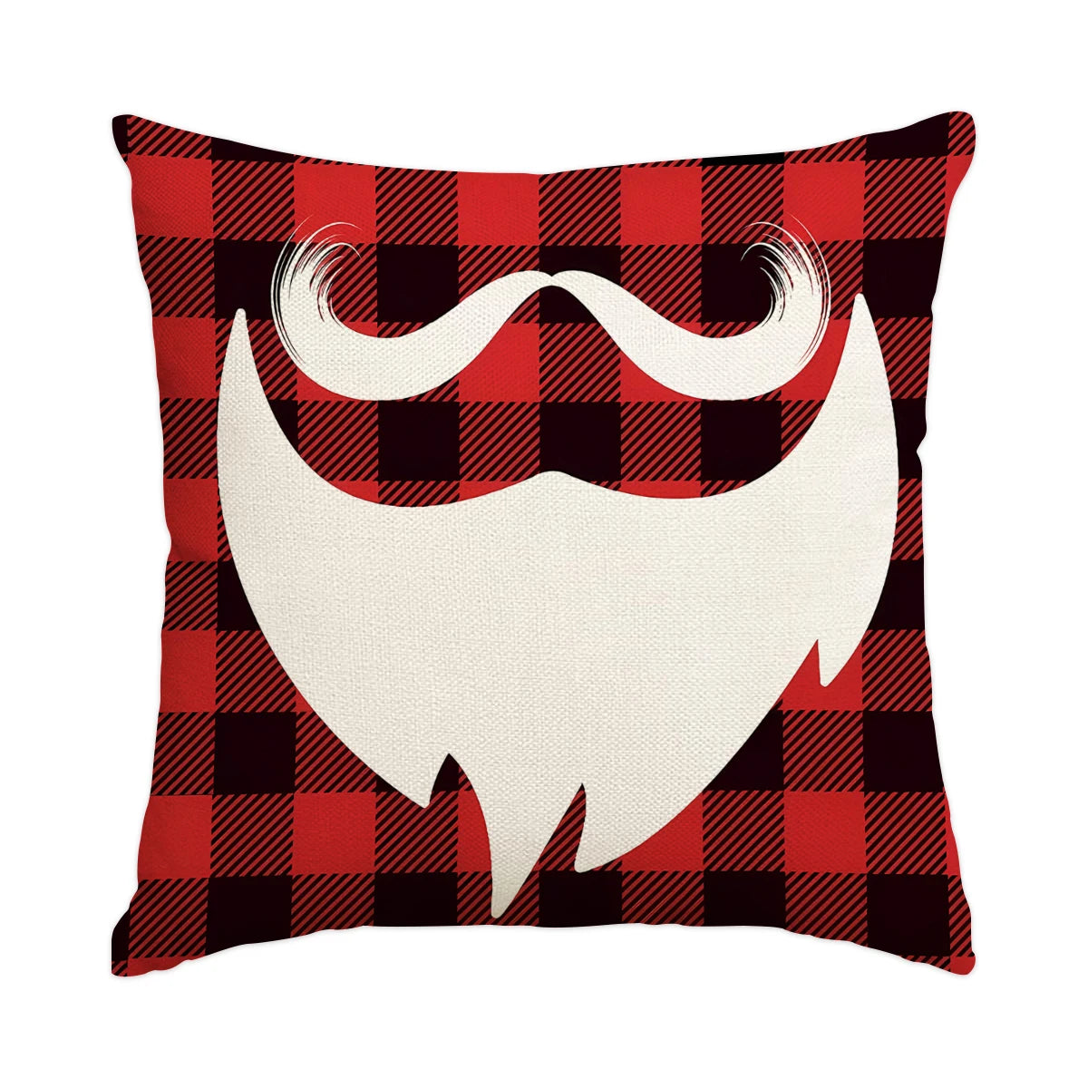 A red and black plaid pillow featuring a white mustache and beard design.
