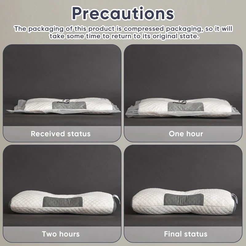 A sequence of images showing an adjustable massage neck pillow transitioning from compressed packaging to its final, expanded