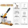 A professional button making machine kit includes a machine, tool kit, and circle cutter for making buttons.