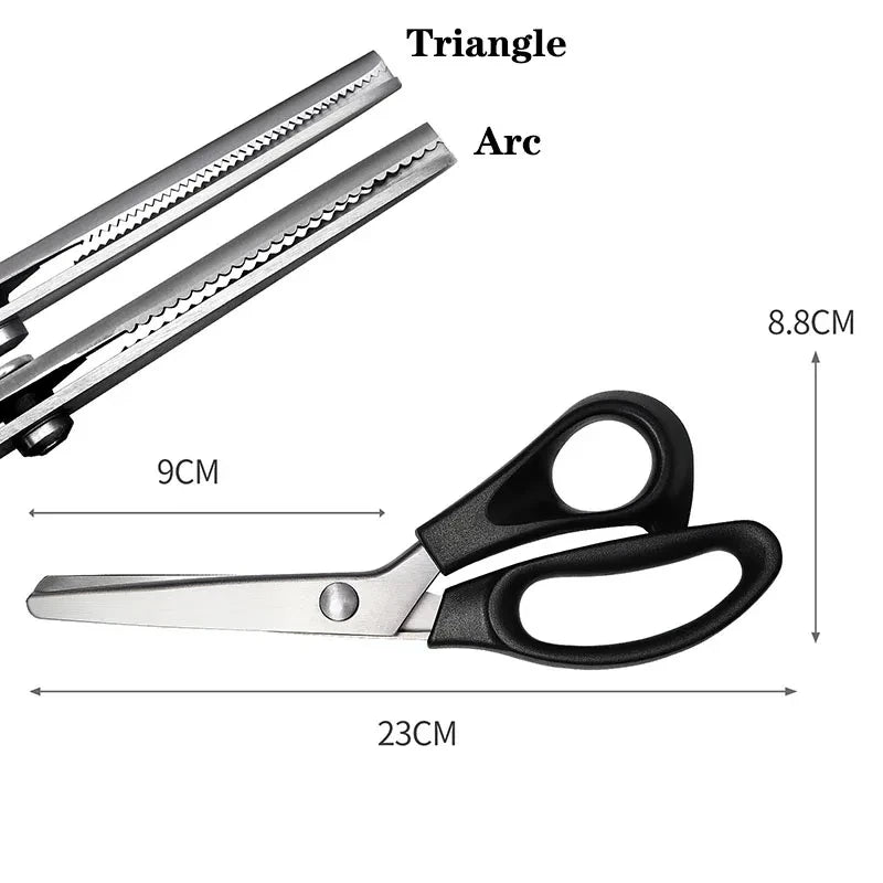 Stainless steel sewing scissors shown with measurements and labeled features like Triangle and Arc