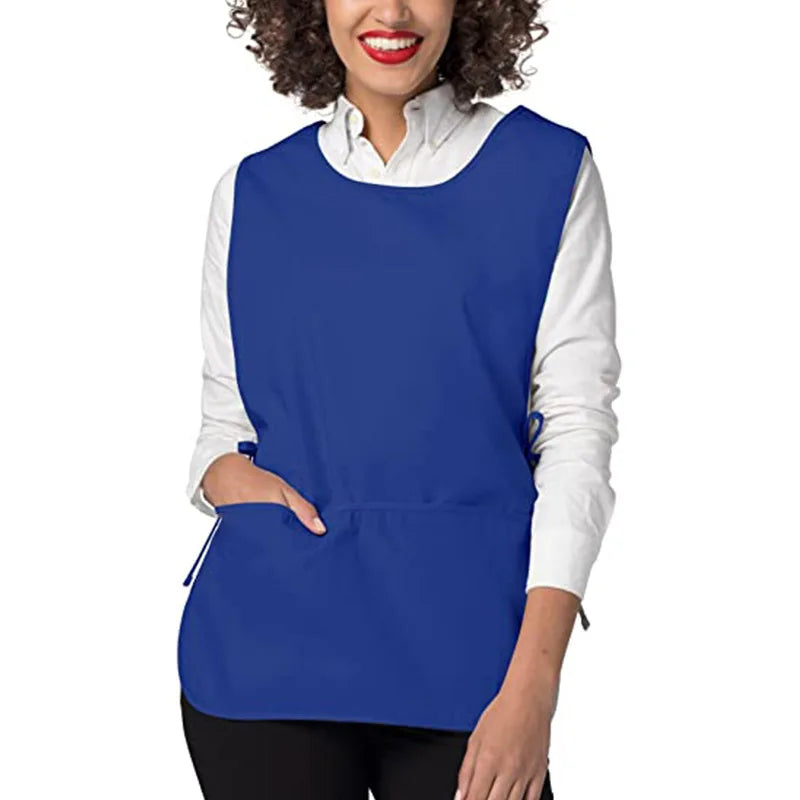 A woman wearing a royal blue polyester apron over a white shirt.