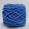 A ball of soft blue chenille knitting yarn used for hand crafting.