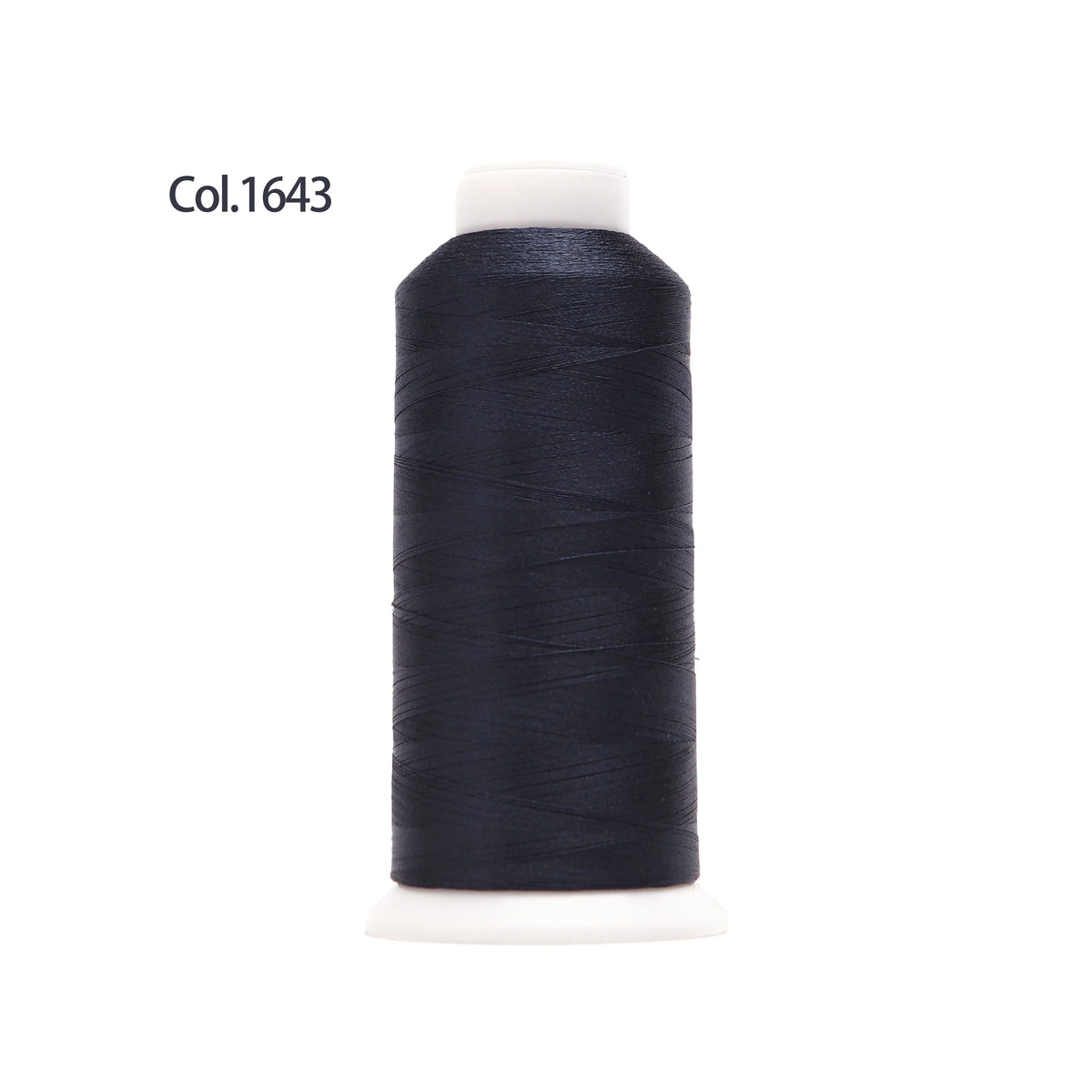 A spool of dark navy blue high tenacity machine embroidery thread labeled Col.1643.