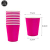 Ten magenta plastic cups stacked and a single cup shown with dimensions.