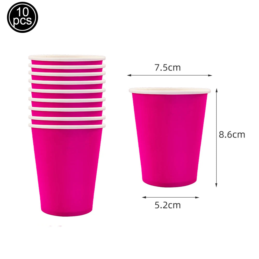 Ten magenta plastic cups stacked and a single cup shown with dimensions.