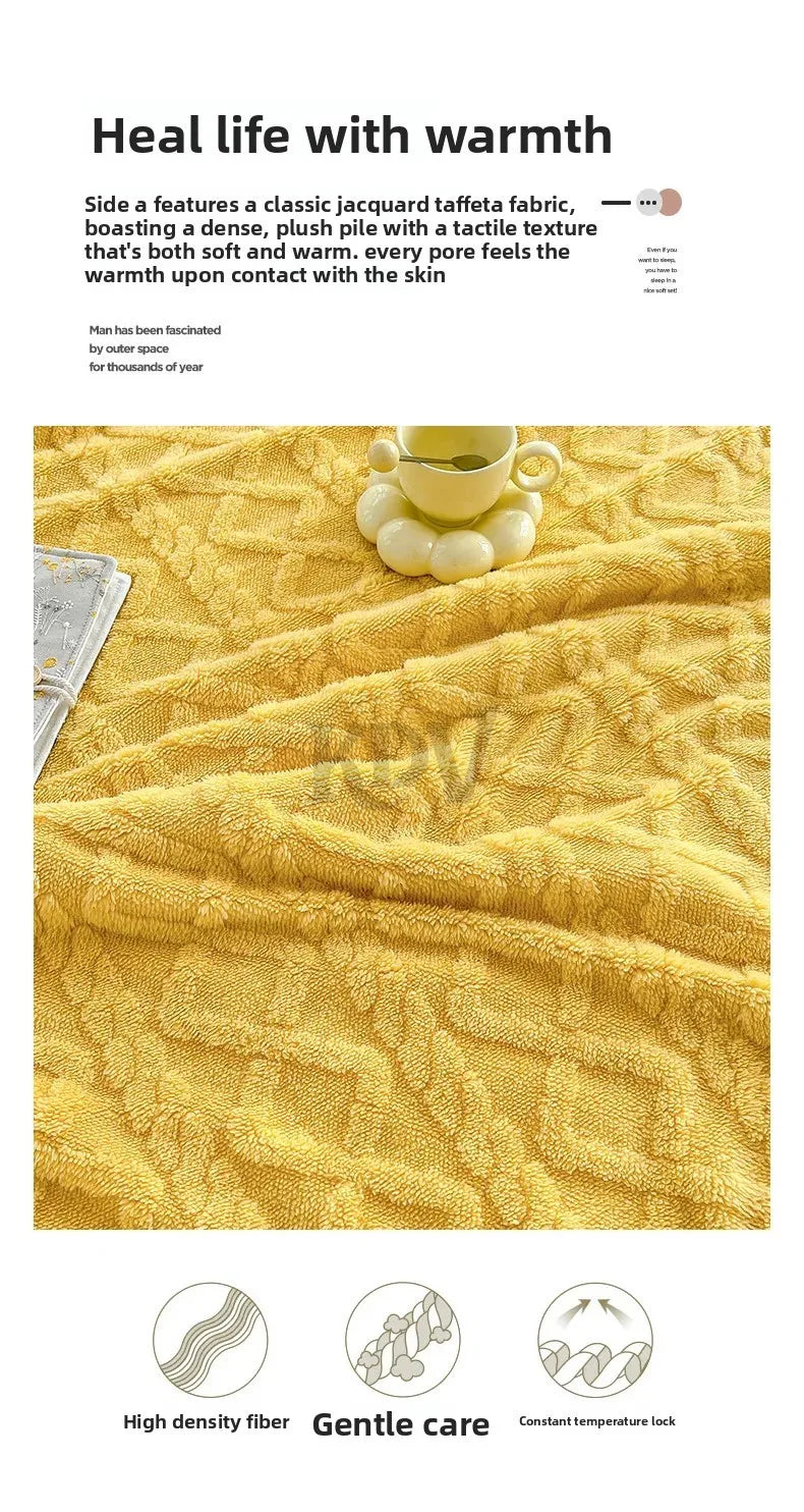 A yellow jacquard taffeta fabric blanket with a quilted texture is shown on a surface, emphasizing gentle care and temperatur