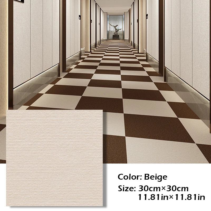 A long hallway featuring a checkered beige and brown carpet pattern.