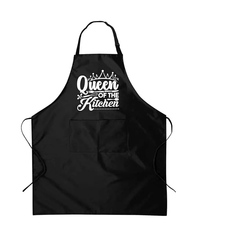 Black apron with gold crown text and pocket for women