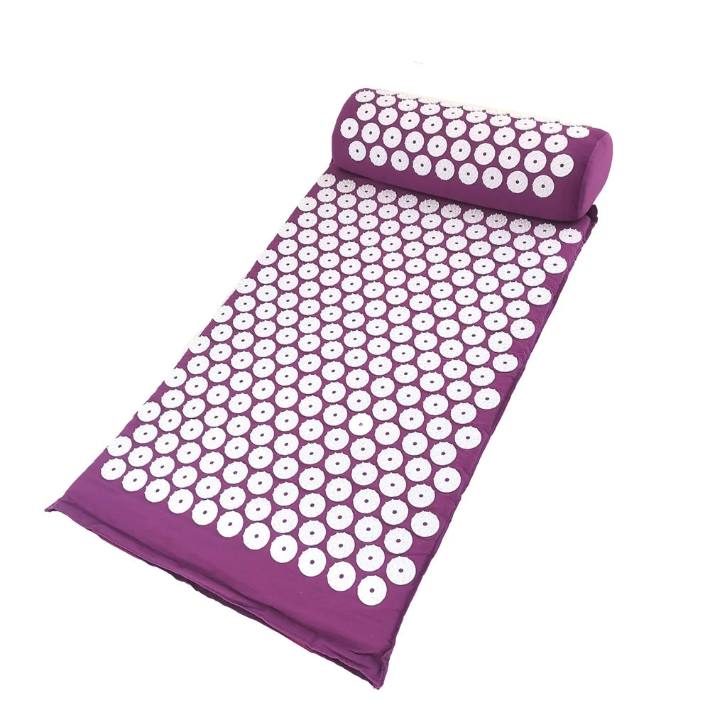 Purple acupressure relief mat and pillow set with white dots for pain and stress relief