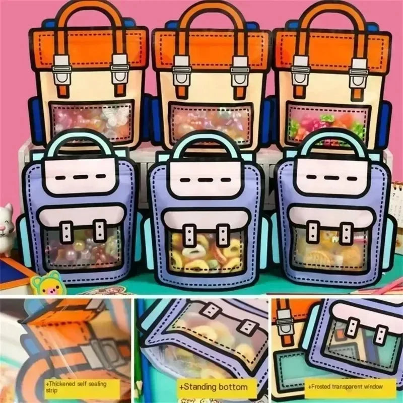 A set of cute cartoon birthday and party goodie bags in various colors and designs.