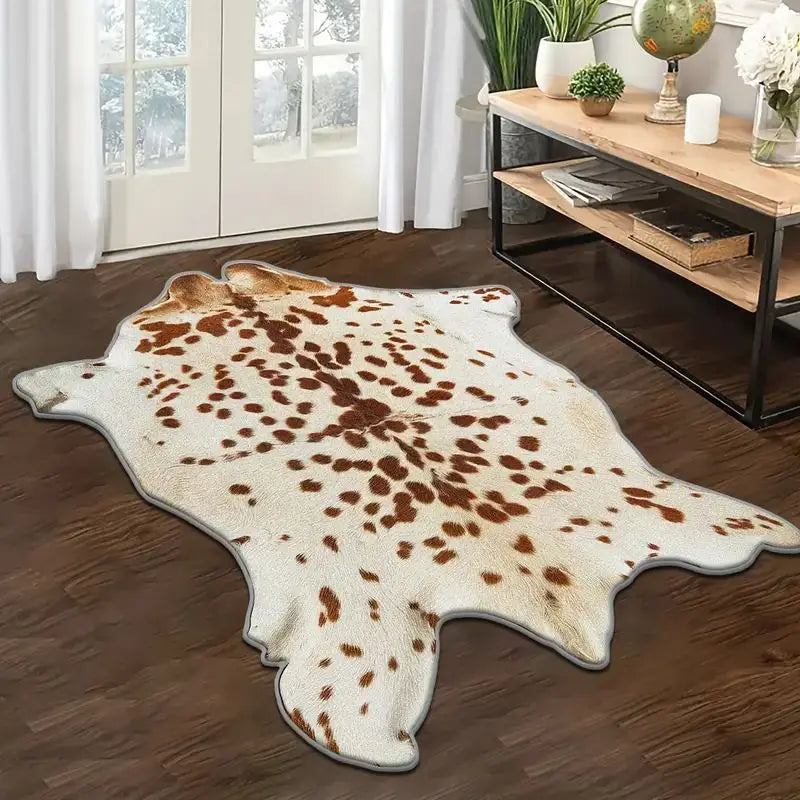 A cream and brown faux animal skin rug with a leopard print pattern placed on a dark wood floor.