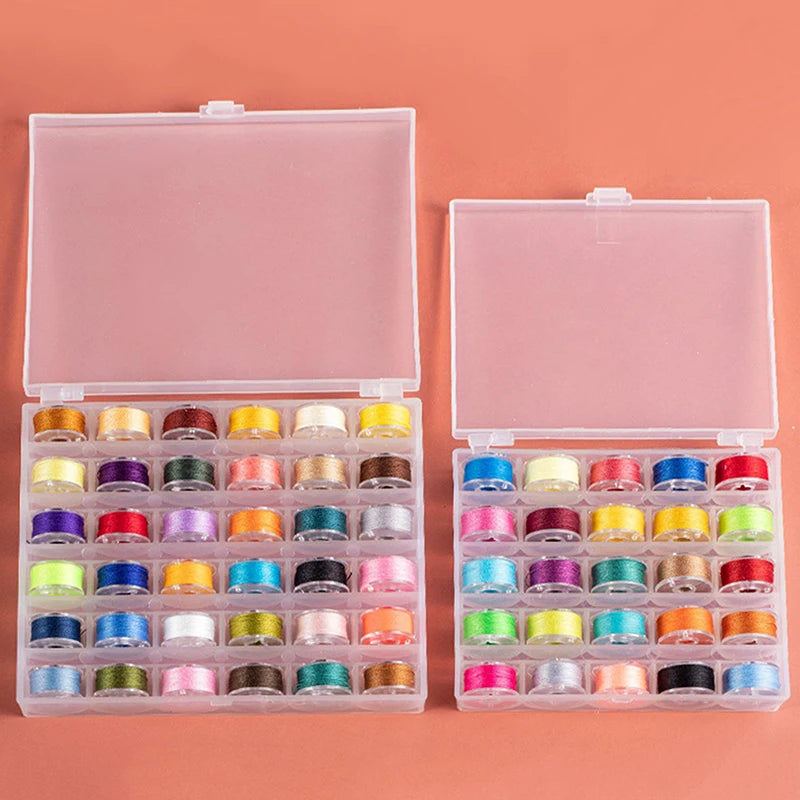 A clear plastic box containing a multicolor sewing bobbin set with various colored bobbins.