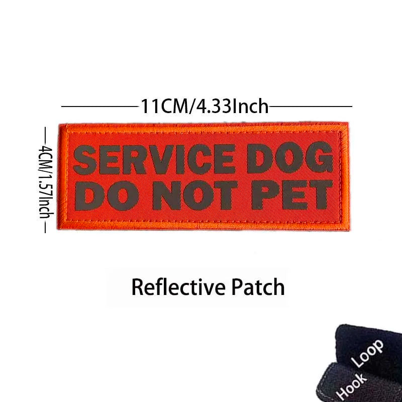 Orange reflective patch embroidered with black text saying SERVICE DOG DO NOT PET