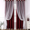 Pair of floor-length, double-layer maroon and sheer white decorative curtains hanging in a window.