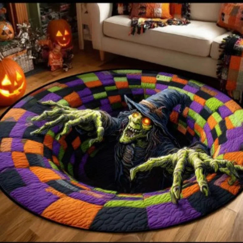 A round rug featuring a spooky green witch figure design with purple, orange, and black geometric patterns.
