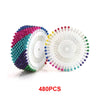 A set of 480 pearl head pins for sewing and crafting, featuring various colors like pink, blue, green, and yellow.