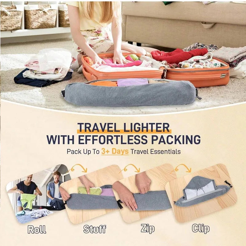 Travel lighter with effortless packing showing items rolled, stuffed, zipped, and clipped for travel essentials