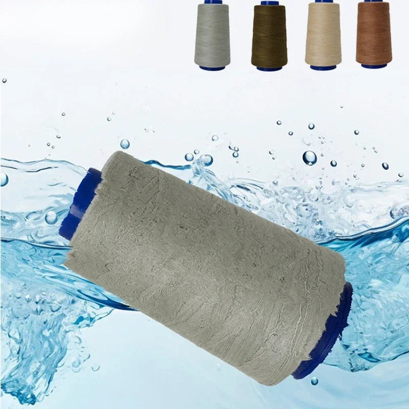 A roll of heavy-duty gray waterproof sewing thread is shown being immersed in clear water.