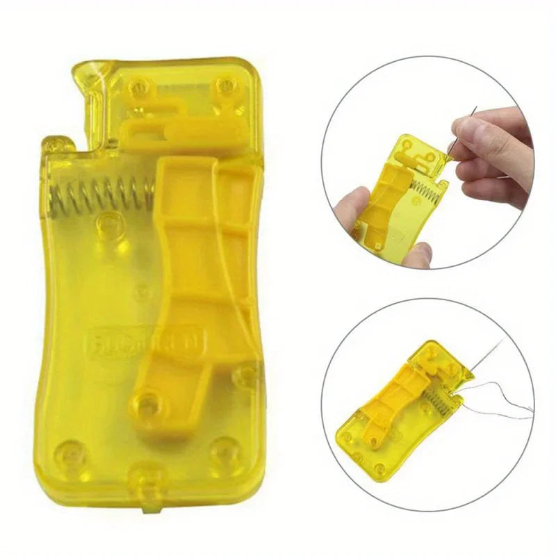 A yellow manual automatic needle threader tool shown in full view and close-up detail.