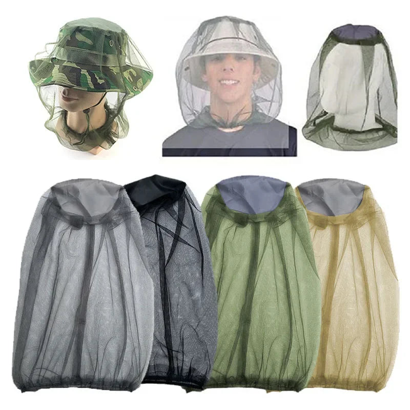 A multi-pack of adjustable mosquito protection fishing hats shown in various colors and styles.