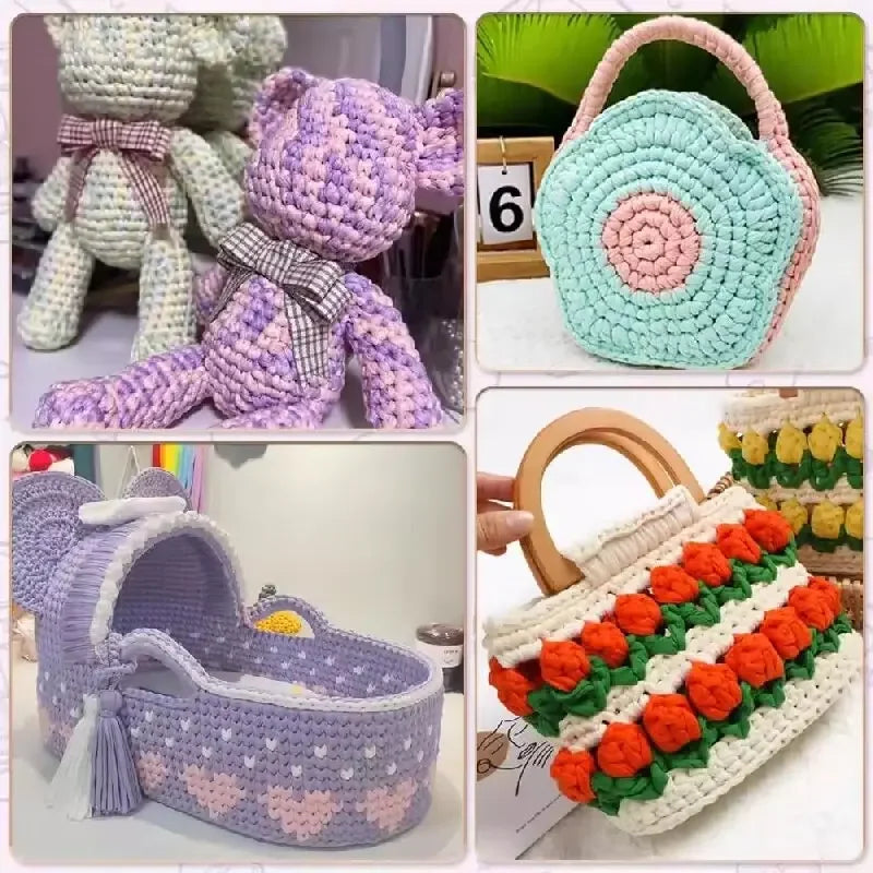 Crocheted items made from soft purple and pink T-shirt yarn including a stuffed animal and a woven basket