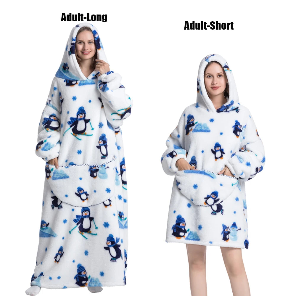 A white plush fleece blanket hoodie for adults shown in long and short styles.