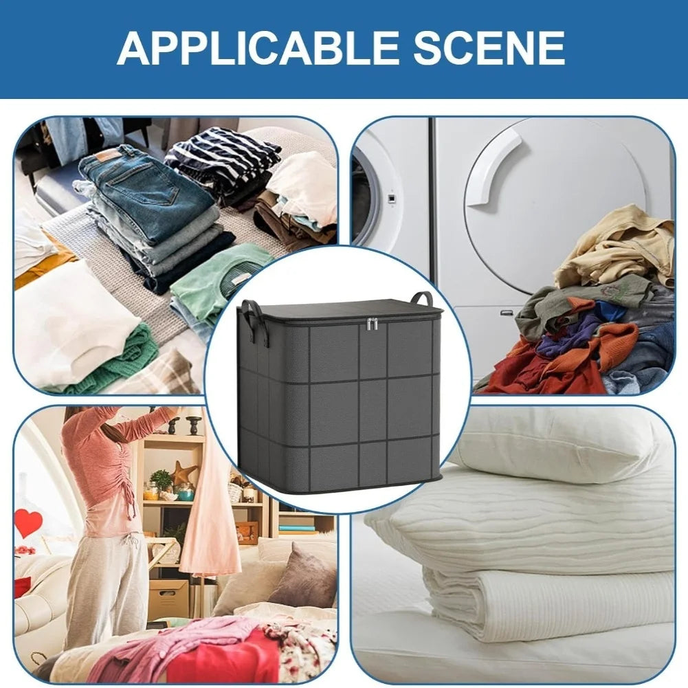 A portable folding storage bag in gray is shown with various applicable scenes including a washing machine, bedding, and clot