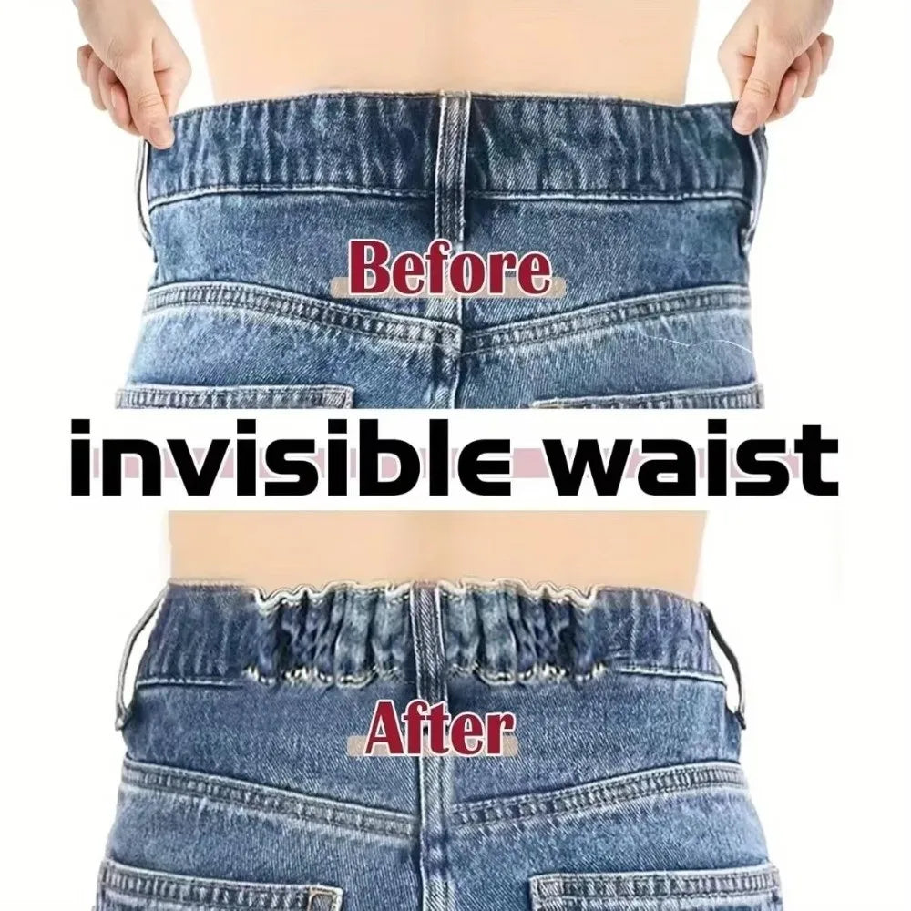 Before and after comparison of an invisible waist tightening product on denim jeans.