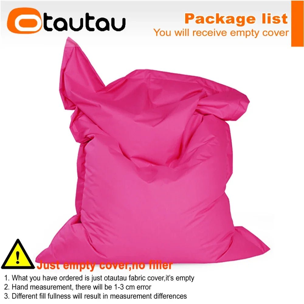 Pink empty outdoor bean bag cover with a warning label indicating it is just fabric and no filler