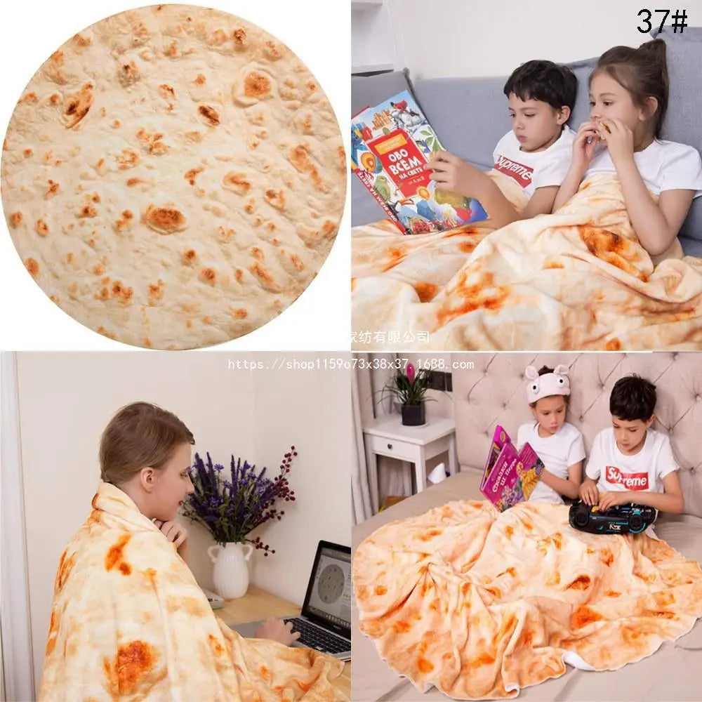 A family is relaxing on a large orange burrito pizza blanket throw indoors.