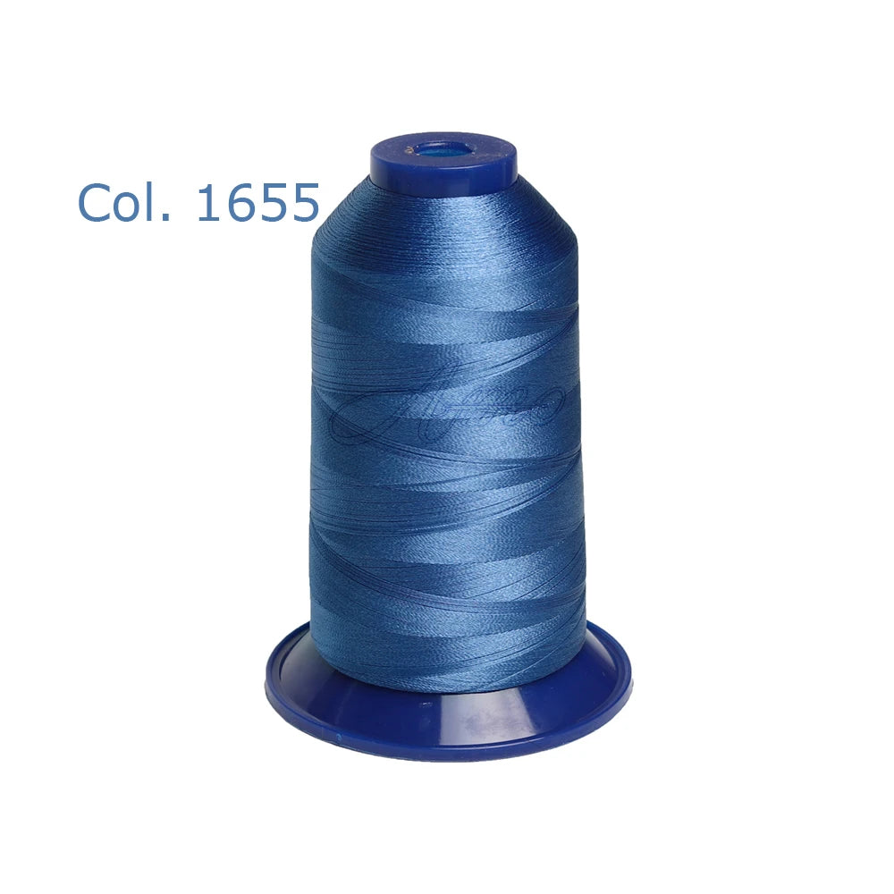 A spool of blue embroidery thread, color 1655, used for high tenacity polyester stitching.