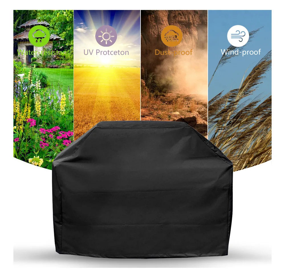 Black heavy-duty outdoor BBQ grill cover shown with various protection features like UV and dusk shielding.