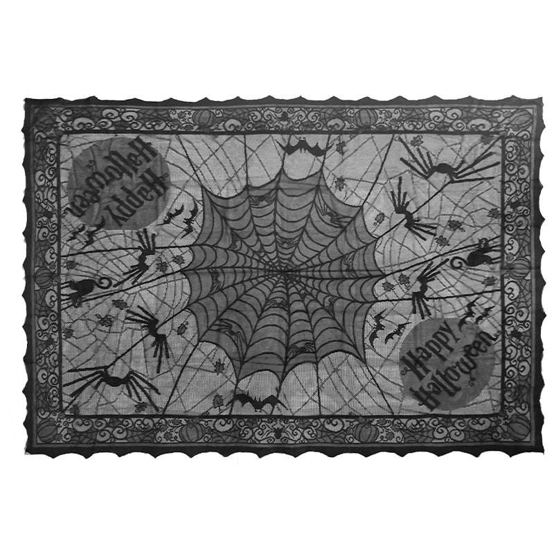 Black spider web lace table runner featuring a spooky Halloween design.