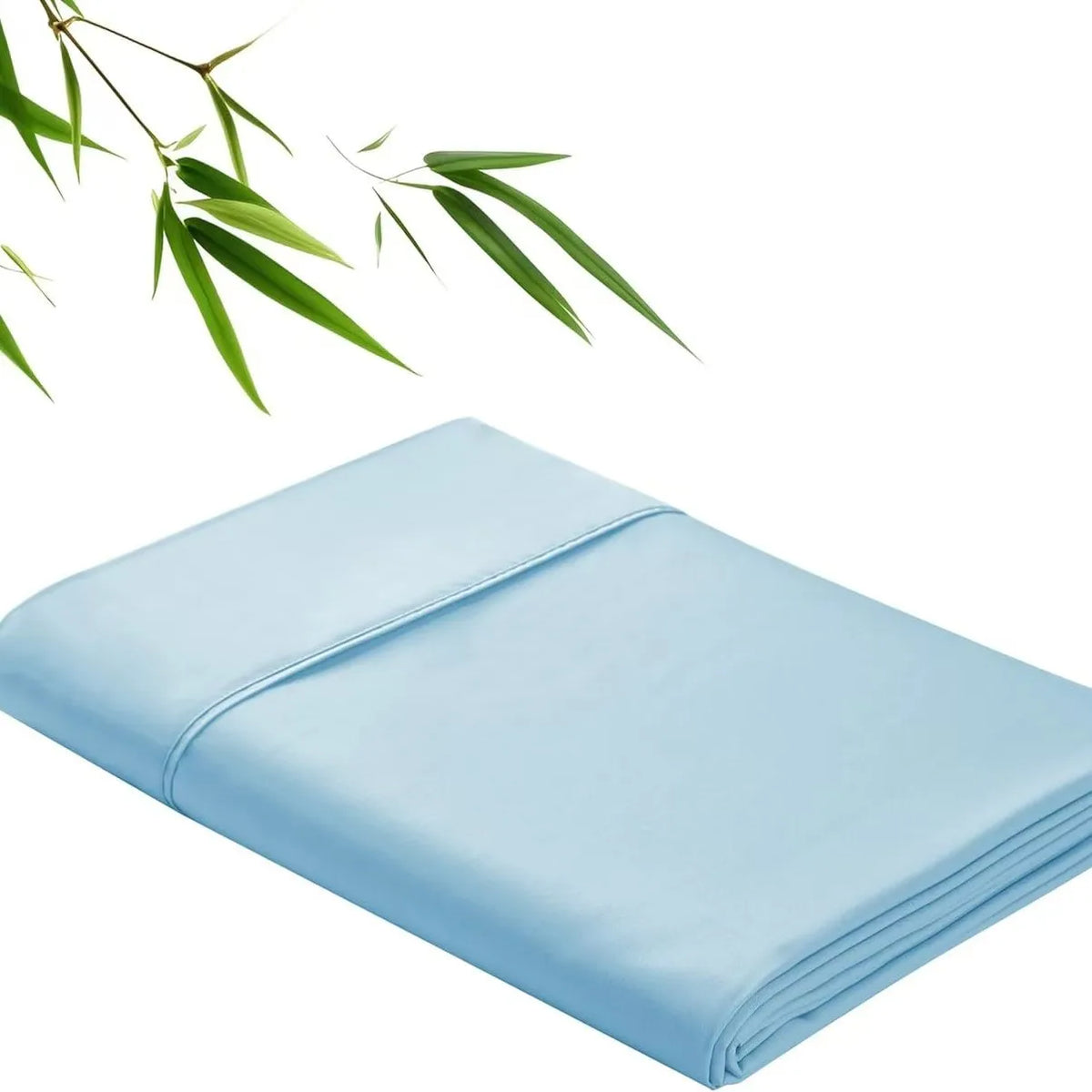 Light blue bamboo fiber flat bed sheet folded and displayed with green leaves in the background