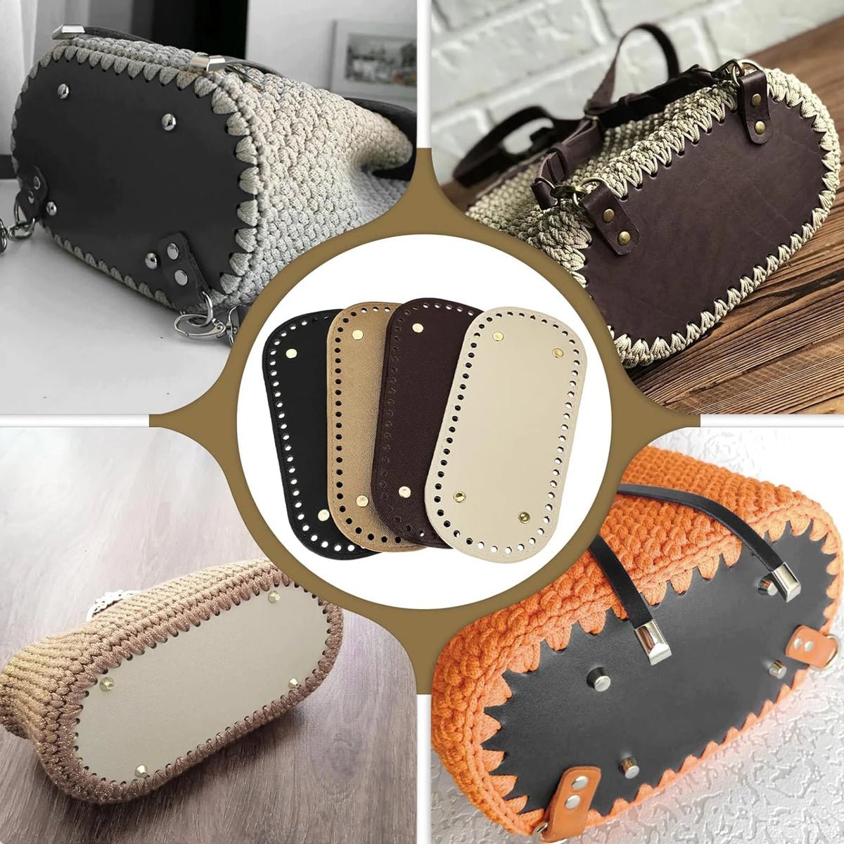 A collection of reusable PU leather bag bottom pads in various colors and textures for crafting projects.