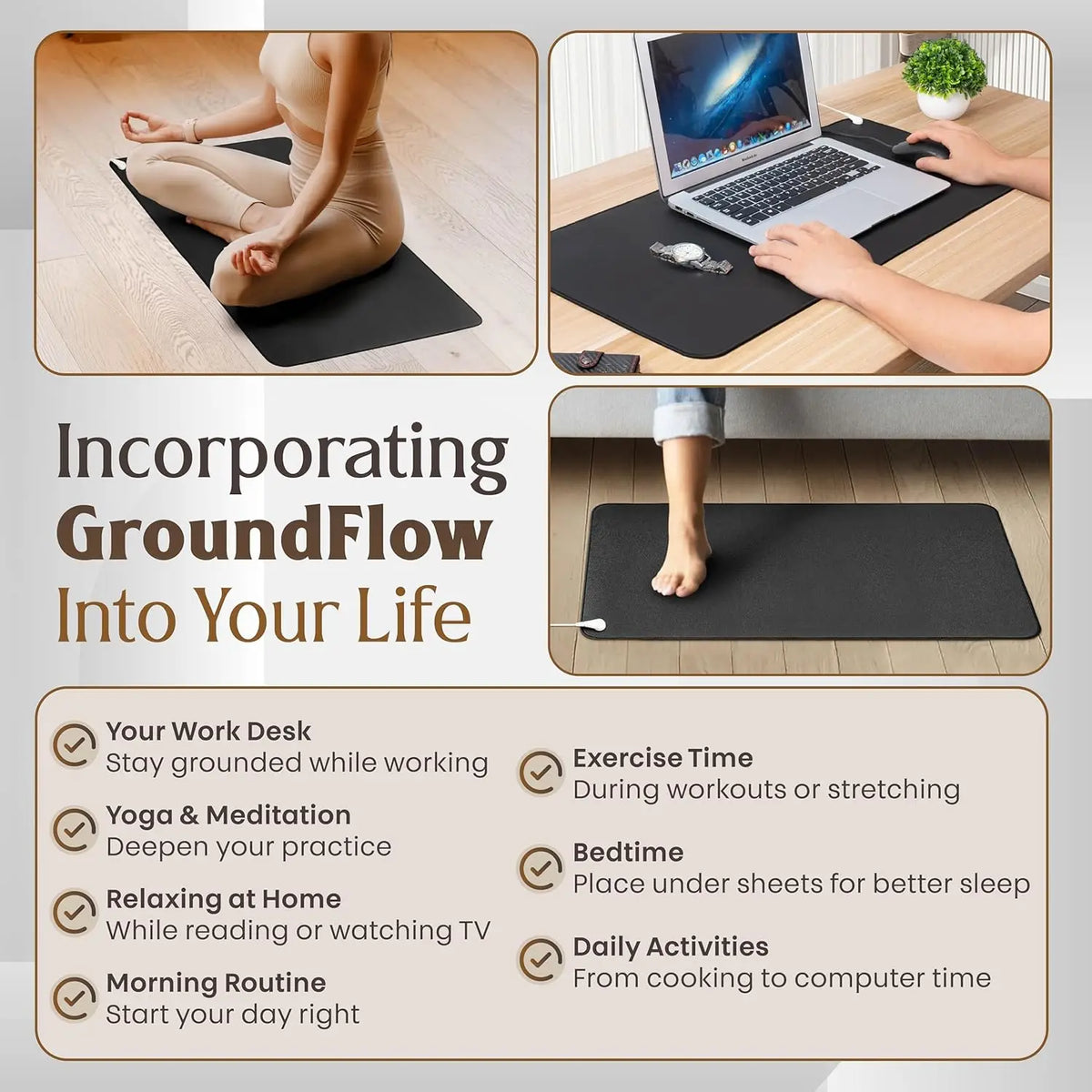 A set of black conductive grounding mats shown in use for work, exercise, sleep, and daily activities.