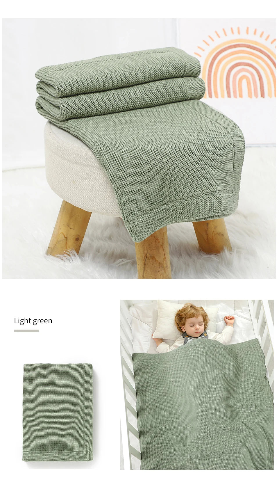 Light green all-season cotton baby swaddle blanket folded on a wooden stool