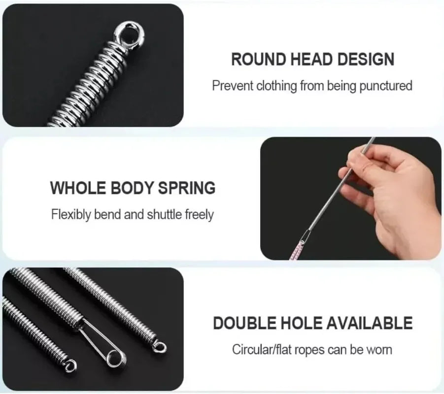 A set of spring drawstring sewing threaders featuring a round head design, whole body spring, and double holes.