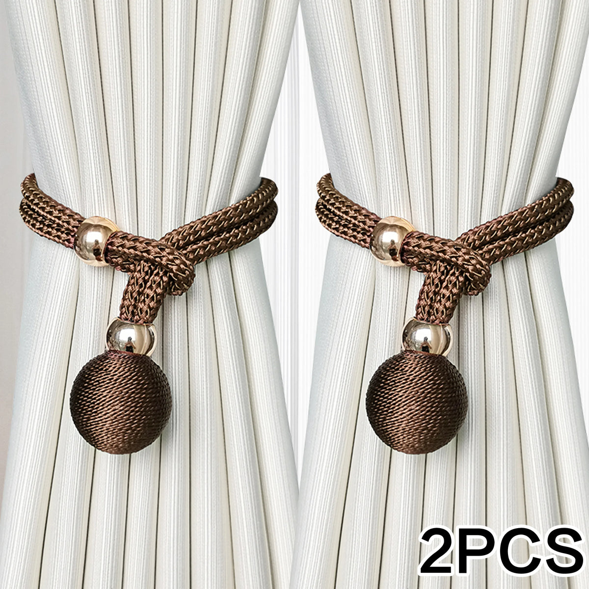 Pair of adjustable brown and silver braided ball curtain tiebacks