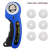 Blue rotary knife tool with a black blade holder and six replacement blades.