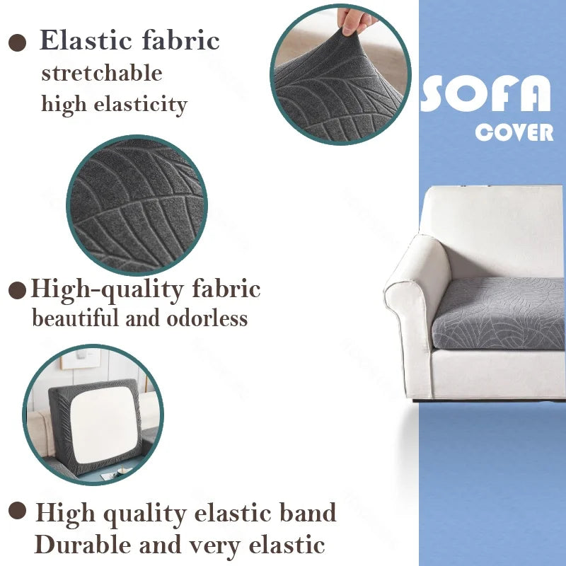 Close-up view of a gray elastic fabric sofa cover with a white accent, highlighting its stretchability and quality.