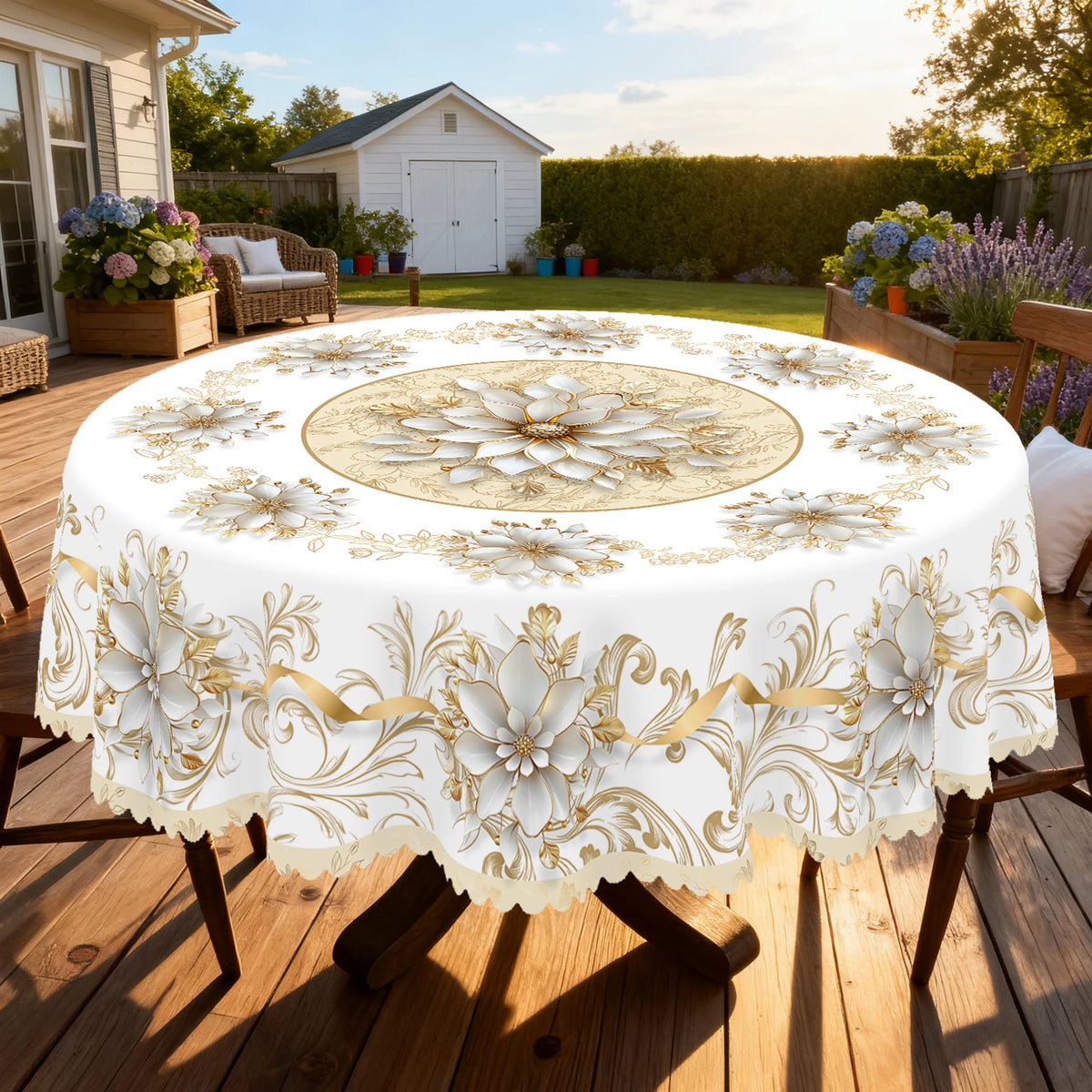 A white vintage floral tablecloth with gold embroidery is displayed on a wooden table outdoors.