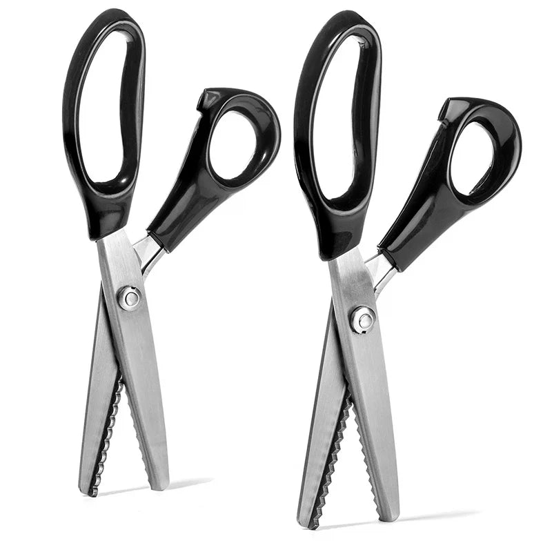A pair of professional stainless steel pinking shears with black handles and silver blades.