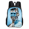 A black backpack featuring a collage of football players and sports imagery on a light blue background.